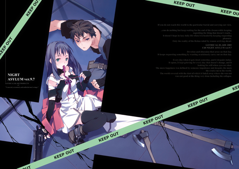 ruroo, original, 1boy, 1girl, blue eyes, blue hair, caution tape, dress, elbow gloves, gloves, gun, keep out, ribbon, ruroo (artist), thighhighs, weapon, white dress, zettai ryouiki