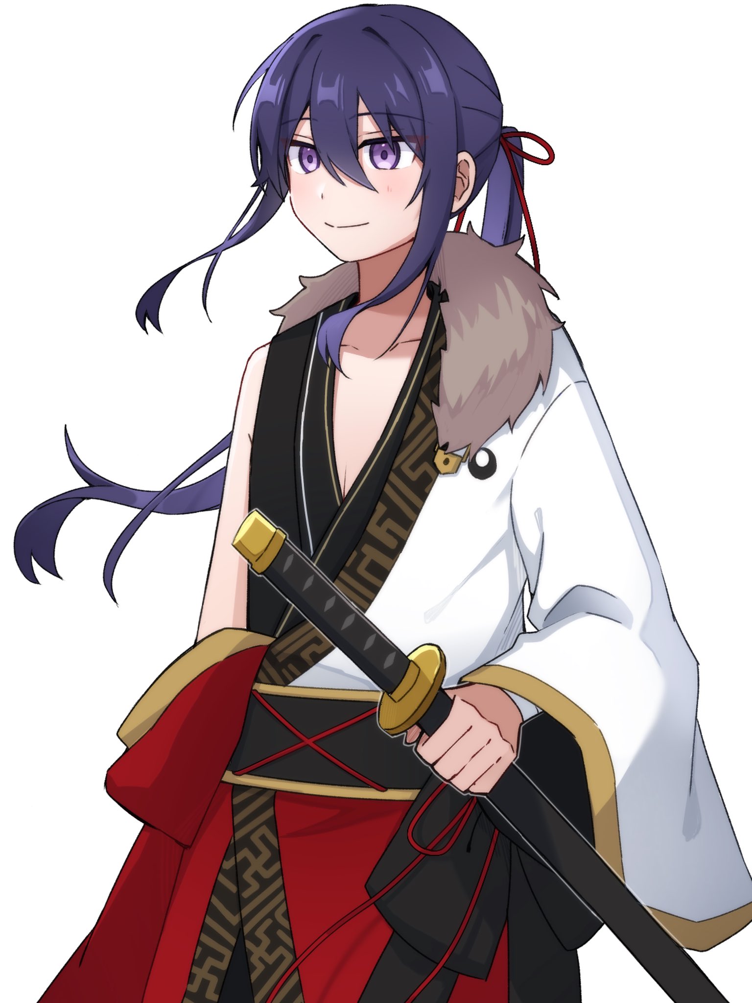 sako nako, kanzaki souma, ensemble stars!, highres, 1boy, black tank top, closed mouth, collarbone, cowboy shot, crescent, double-parted bangs, floating hair, fur collar, hadanugi dousa, hair between eyes, hair intakes, hair ribbon, holding, holding sword, holding weapon, japanese clothes, katana, kimono, light blush, long hair, long sleeves, male focus, obi, open kimono, pectoral cleavage, pectorals, ponytail, purple eyes, purple hair, red kimono, red ribbon, ribbon, sash, sheath, sheathed, sidelocks, simple background, smile, solo, sword, tank top, two-tone kimono, very long hair, weapon, white background, white kimono, wide sleeves, wrist wrap