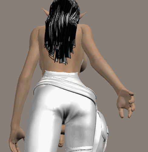 animated, animated gif, lowres, 1futa, 3d, ass, back, black hair, breasts, dark skin, elf, futanari, large breasts, long hair, pants, penis, pointy ears, solo, testicles, topless female, walking