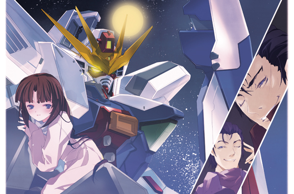 ruroo, gundam x, gundam x divider, olba frost, shagia frost, tiffa adill, after war gundam x, gundam, 1girl, 2boys, black hair, blue eyes, blue hair, brown hair, dress, glowing, glowing eyes, long hair, mecha, moon, multiple boys, one eye closed, purple eyes, robot, ruroo (artist), smile, space, very long hair, wink