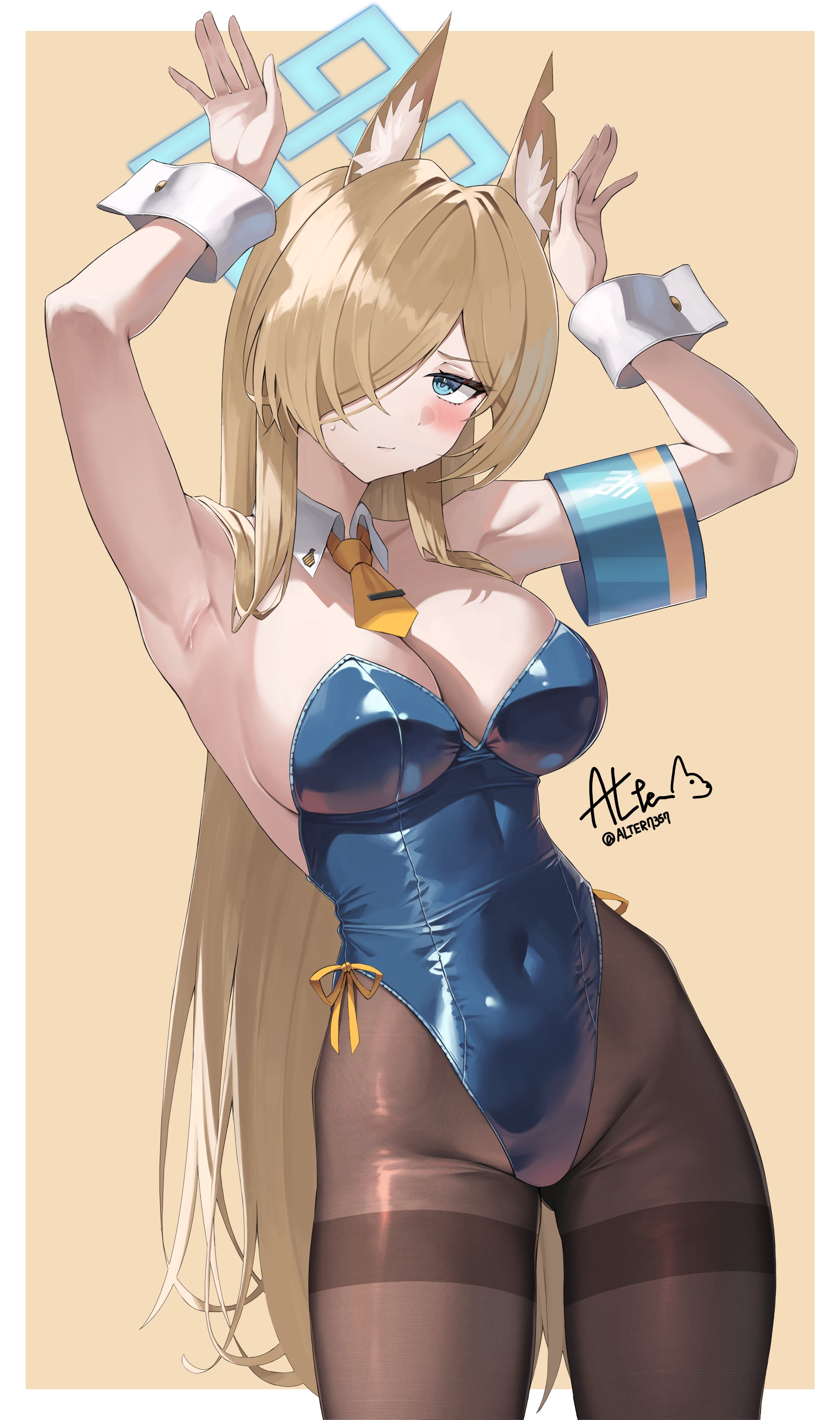 alter (kxk7357), kanna (blue archive), blue archive, absurdres, highres, animal ear fluff, animal ears, armband, black pantyhose, blonde hair, blue armband, blue eyes, blue halo, breasts, detached collar, dog ears, dog girl, hair over one eye, halo, large breasts, leotard, long hair, necktie, pantyhose, playboy bunny, rabbit pose, short necktie, side-tie leotard, strapless, strapless leotard, thighband pantyhose, wrist cuffs, yellow necktie