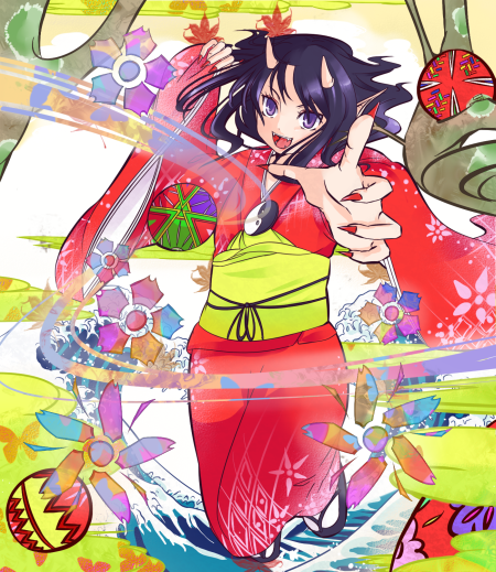 garakuta omocha, koyoi mitsuki, kanagawa okinami ura, original, 1girl, ball, colorful, fangs, female focus, fine art parody, fingernails, horns, japanese clothes, kimono, long fingernails, nihonga, parody, pointy ears, purple eyes, purple hair, solo, temari ball, ukiyo-e, yin yang