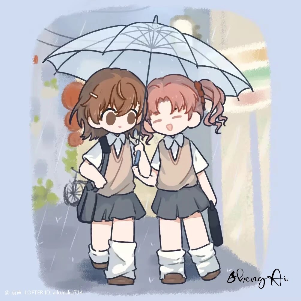 aisheng kuroko, misaka mikoto, shirai kuroko, toaru kagaku no railgun, toaru majutsu no index, commentary, symbol-only commentary, 2girls, artist name, bag, bare arms, border, brown eyes, brown hair, brown shoes, brown sweater vest, closed mouth, collared shirt, curtained hair, deformed, full body, grey border, grey skirt, hair between eyes, holding, holding bag, holding umbrella, long bangs, loose socks, medium hair, miniskirt, multiple girls, no emblem, no nose, no pupils, open mouth, outdoors, pink hair, rain, school bag, school uniform, shared umbrella, shirt, shoes, signature, skirt, socks, summer uniform, sweater vest, tokiwadai school uniform, triangle mouth, twintails, umbrella, v-shaped eyebrows, white shirt, white socks