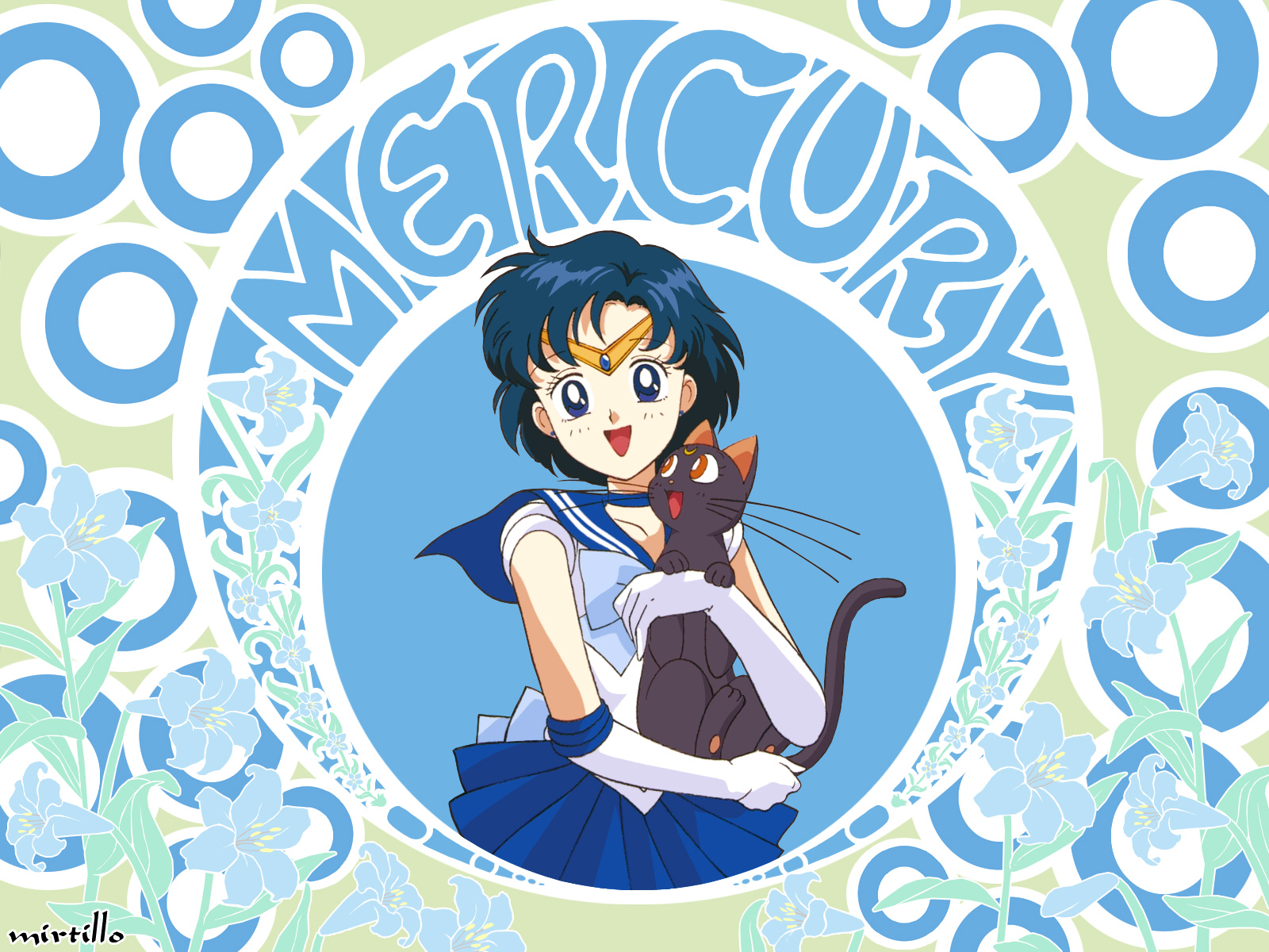 luna (sailor moon), mizuno ami, sailor mercury, bishoujo senshi sailor moon, highres, 1990s (style), 1girl, art nouveau, black cat, blue eyes, blue hair, blue sailor collar, blue skirt, blue theme, bow, carrying, cat, choker, crescent, crescent facial mark, earrings, elbow gloves, facial mark, gloves, jewelry, magical girl, retro artstyle, sailor collar, school uniform, serafuku, short hair, skirt, tiara, white gloves