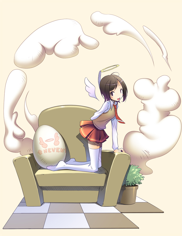 kumanita, original, 1girl, angel, cloud, egg, english text, engrish text, female focus, ranguage, school uniform, serafuku, short hair, solo, thighhighs, wings