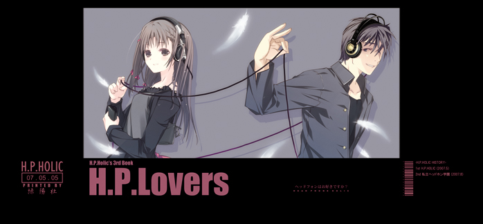 ruroo, tagme, 1boy, 1girl, black shirt, blouse, cable, feathers, headphones, shirt