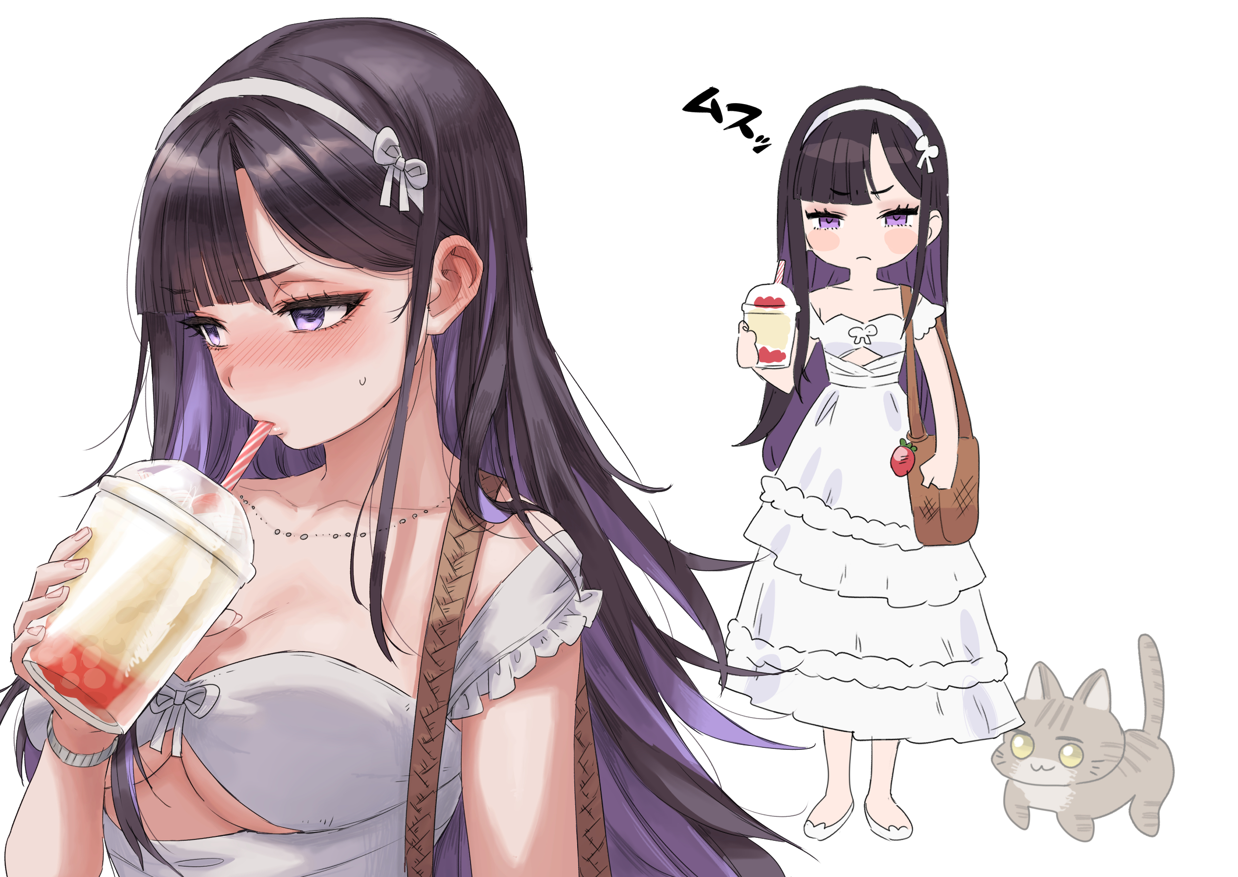 whoosaku, doro (nikke), eunhwa (nikke), eunhwa (tactical upgrade) (day off) (nikke), goddess of victory: nikke, commentary request, highres, 1girl, animal, bag, bag charm, black hair, blush, breasts, cat, charm (object), cleavage, closed mouth, cup, dress, drinking straw, drinking straw in mouth, hairband, holding, holding cup, jewelry, long hair, medium breasts, multicolored hair, multiple views, necklace, purple eyes, shoes, simple background, sweat, very long hair, white background, white dress, white hairband, white shoes