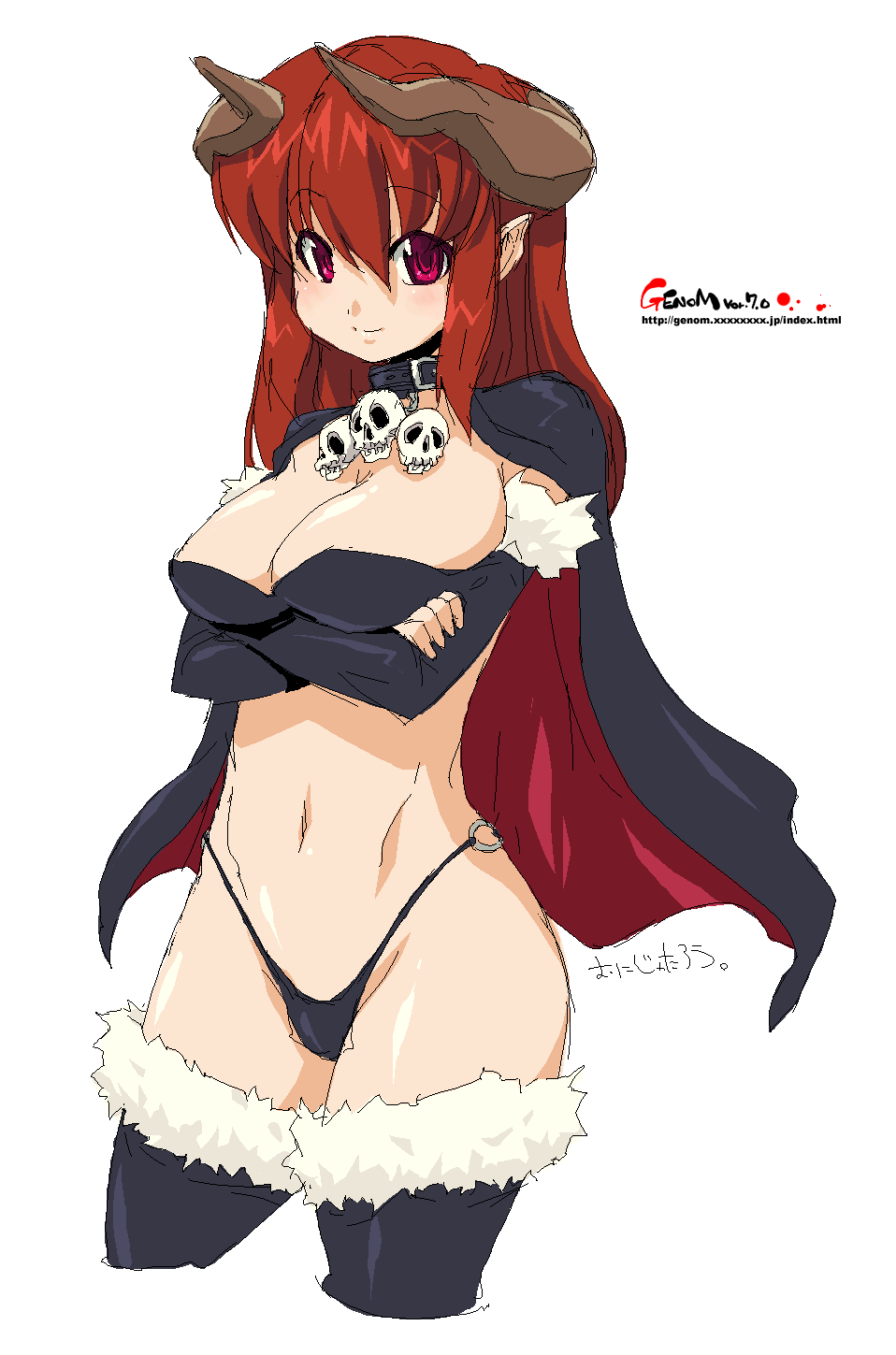 onija tarou, breast hold, copyright request, highres, 1girl, breasts, cape, cleavage, collar, demon, female focus, horns, large breasts, long hair, oekaki, red eyes, red hair, skull, solo, thighhighs