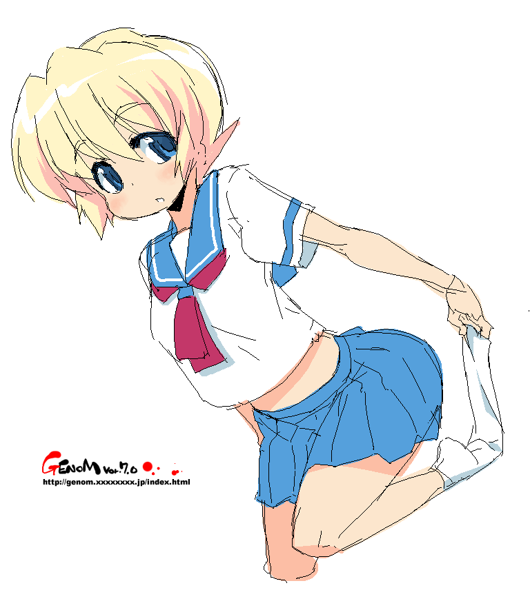 onija tarou, copyright request, blonde hair, blue eyes, oekaki, school uniform, serafuku, short hair, socks, solo