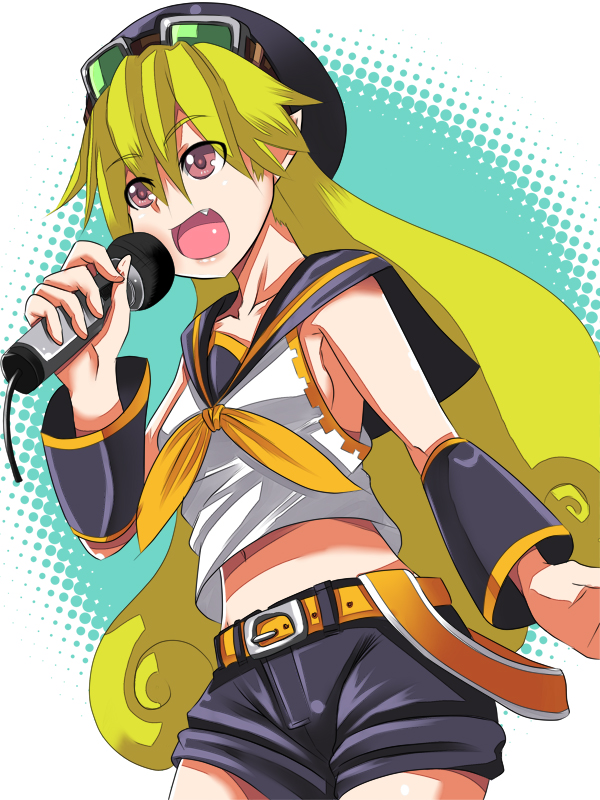 johnny funamushi, kagamine rin, marivel armitage, vocaloid, wild arms, wild arms 2, 1girl, aqua background, belt, blonde hair, blouse, cosplay, curly hair, fang, female focus, hat, kagamine rin (cosplay), long hair, microphone, midriff, music, parody, pink eyes, pointy ears, shirt, singing, solo, vampire, white shirt
