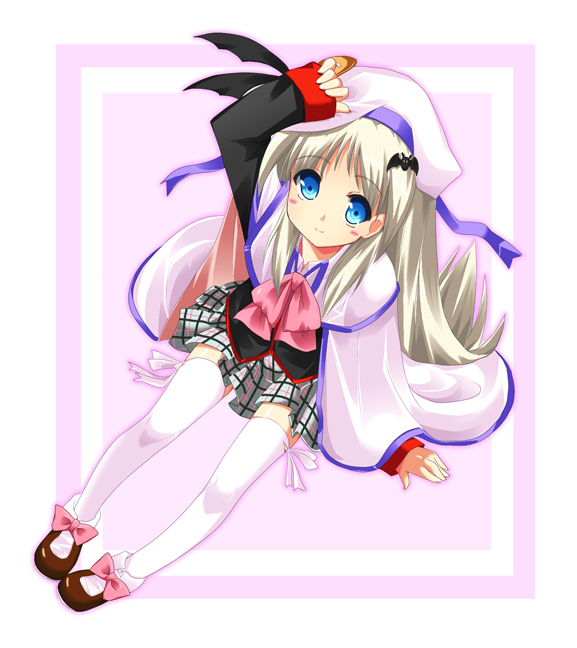 subachi, noumi kudryavka, little busters!, silver hair, 1girl, blue eyes, bow, cape, female focus, hat, long hair, pink bow, plaid clothes, plaid skirt, ribbon, school uniform, serafuku, skirt, solo, thighhighs