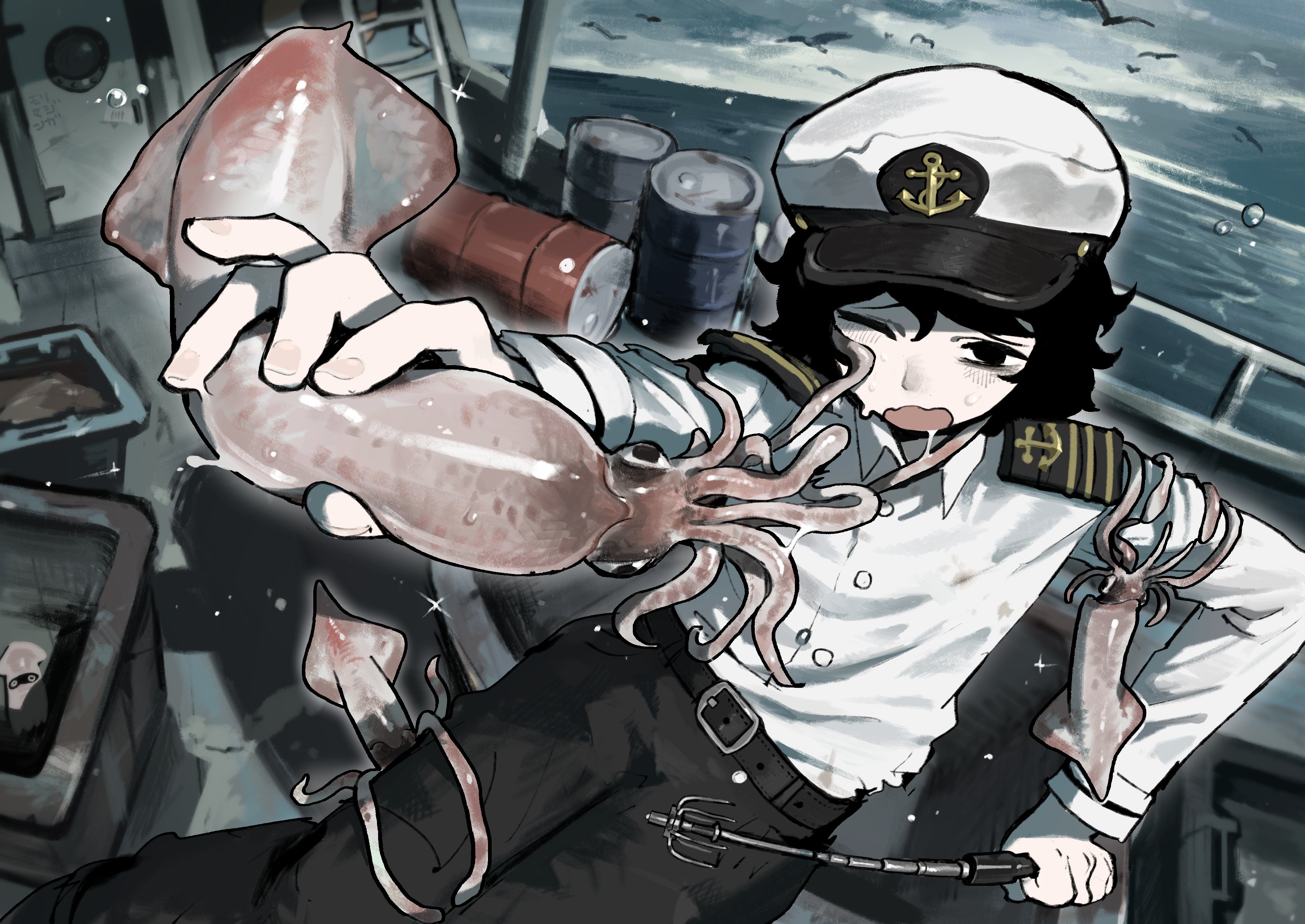 syakunetuu, original, absurdres, commentary, commission, english commentary, highres, second-party source, skeb commission, 1girl, anchor symbol, bags under eyes, belt, bird, black eyes, black hair, black pants, blush, boat, cloud, cloudy sky, day, drum (container), hat, holding, long sleeves, looking at viewer, military uniform, naval uniform, one eye closed, open mouth, outdoors, pants, peaked cap, short hair, sky, solo, sparkle, squid, sweat, water, water drop, watercraft, white hat