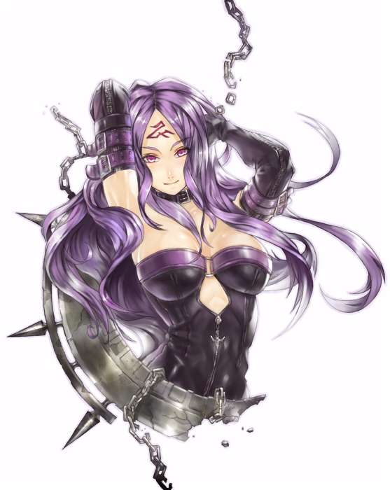 nidy, medusa (fate), medusa (rider) (fate), fate/stay night, fate (series), 00s, 1girl, bare shoulders, chain, collar, dress, elbow gloves, female focus, gloves, long hair, pink eyes, purple hair, solo, strapless, strapless dress