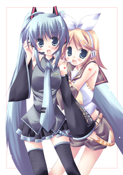 yoshika, hatsune miku, kagamine rin, vocaloid, 2girls, blue hair, long hair, multiple girls, thighhighs, very long hair