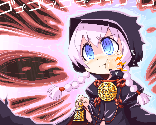 minami juujisei, curse maker, curse maker 2, atlus, etrian odyssey, lowres, 1girl, :t, blue eyes, blush, braid, chibi, cloak, crazy eyes, female focus, holding, hood, hooded cloak, long hair, looking up, mirror, pink hair, pout, solo, twin braids, upper body