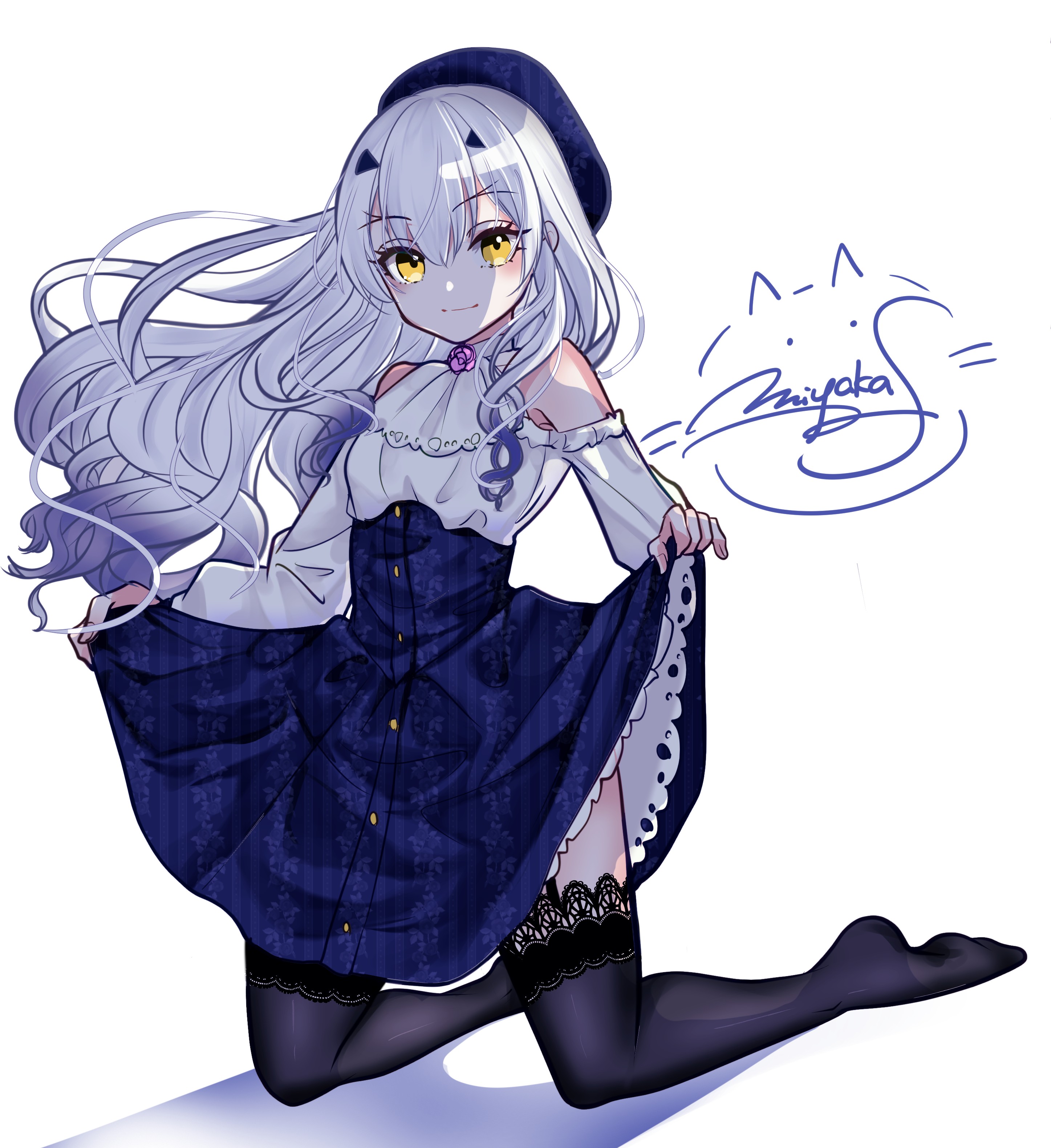 miyaka (58305841), melusine (fate), fate/grand order, fate (series), absurdres, highres, 1girl, alternate costume, ascot, bare shoulders, beret, black garter straps, black thighhighs, blue hat, blue skirt, blush, breasts, clothes lift, collar, colored tips, detached collar, dragon horns, facing viewer, forked eyebrows, frilled ascot, frilled shirt, frilled skirt, frilled thigh strap, frills, full body, garter straps, gold buttons, hat, high-waist skirt, horns, lifting own clothes, light smile, long hair, long sleeves, looking at viewer, multicolored hair, off-shoulder shirt, off shoulder, shirt, sidelocks, simple background, skirt, skirt lift, small breasts, smile, solo, striped clothes, striped skirt, thigh strap, thighhighs, white ascot, white background, white collar, white hair, white shirt, yellow eyes