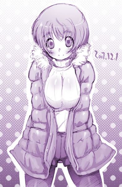 kei jiei, original, 1girl, breasts, breasts squeezed together, coat, dated, female focus, huge breasts, large breasts, monochrome, purple theme, solo