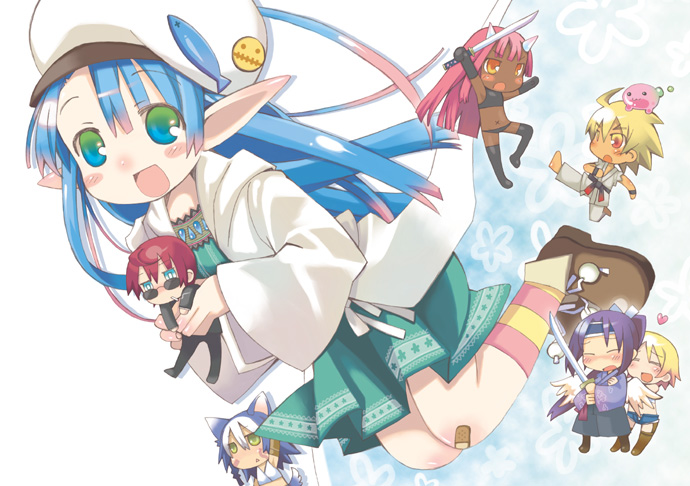 azuma masakadu, 3boys, 4girls, :d, beret, blue eyes, blue hair, blush, breasts, expressionless, flying, full body, green skirt, hat, holding, jitome, long hair, multiple boys, multiple girls, open mouth, pleated skirt, pointy ears, red hair, skirt, small breasts, smile, sunglasses, very long hair