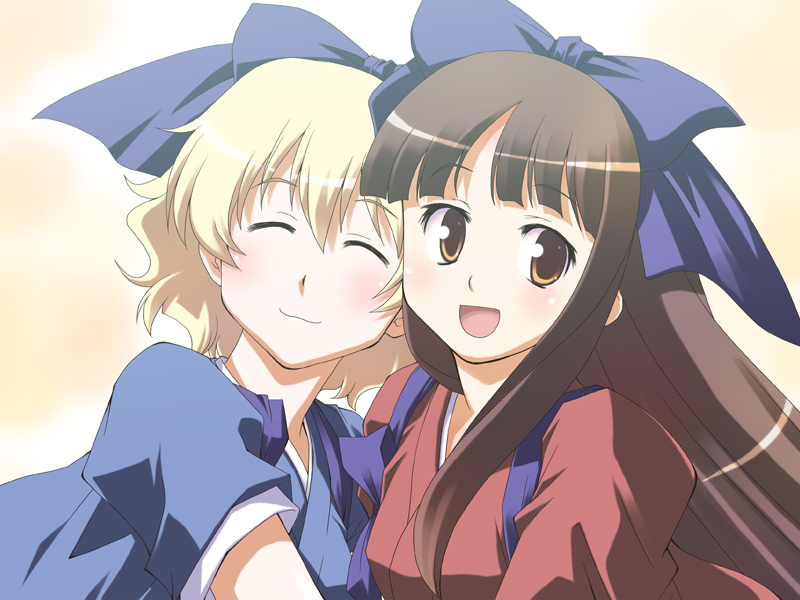 osamada meika, original, 2girls, :d, blue bow, blue dress, blunt bangs, bow, brown eyes, brown hair, cheek-to-cheek, dress, hair bow, heads together, hug, japanese clothes, kimono, multiple girls, open mouth, puffy short sleeves, puffy sleeves, red dress, short sleeves, smile, upper body