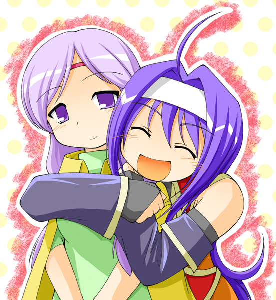 earth ekami, ilyana (fire emblem), mia (fire emblem), fire emblem, fire emblem: path of radiance, fire emblem: radiant dawn, nintendo, light purple hair, 2girls, ahoge, blush, breasts, cloak, closed eyes, detached sleeves, fingerless gloves, gloves, hairband, headband, hug, long hair, multiple girls, open mouth, polka dot, purple eyes, purple hair, smile