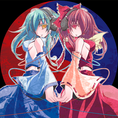 nejikirio, hakurei reimu, kochiya sanae, touhou, lowres, 2girls, breasts, female focus, hair tubes, headphones, medium breasts, multiple girls, sideboob, single hair tube
