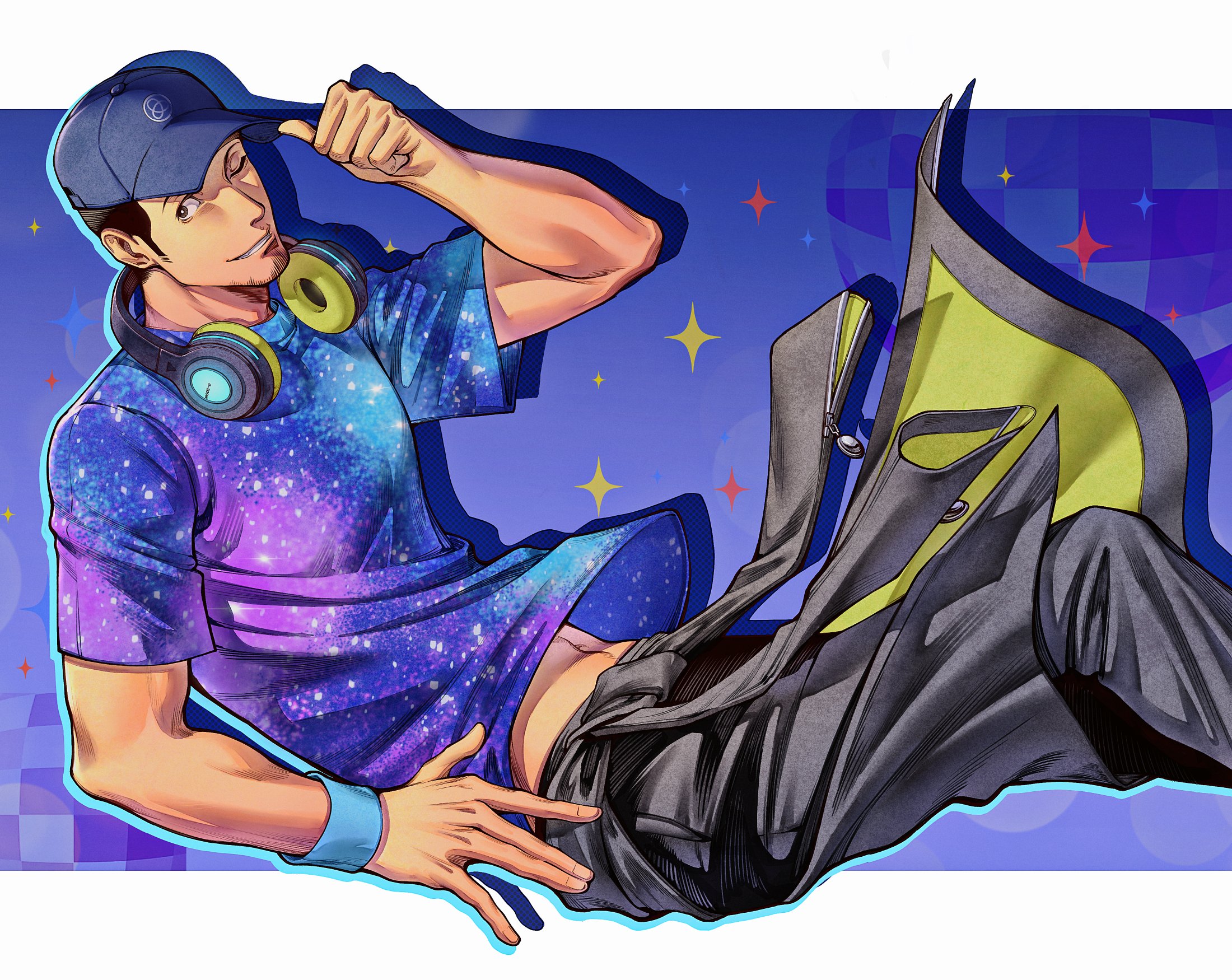 oldkin, iori junpei, persona, persona 3: dancing moon night, persona dancing, commentary, english commentary, highres, 1boy, baseball cap, black hair, black pants, blue hat, clothes around waist, facial hair, galaxy, goatee stubble, grin, hat, headphones, headphones around neck, jacket, jacket around waist, letterboxed, looking to the side, male focus, midriff peek, official alternate costume, one eye closed, pants, print shirt, shirt, smile, solo, sparkle, stubble, wristband