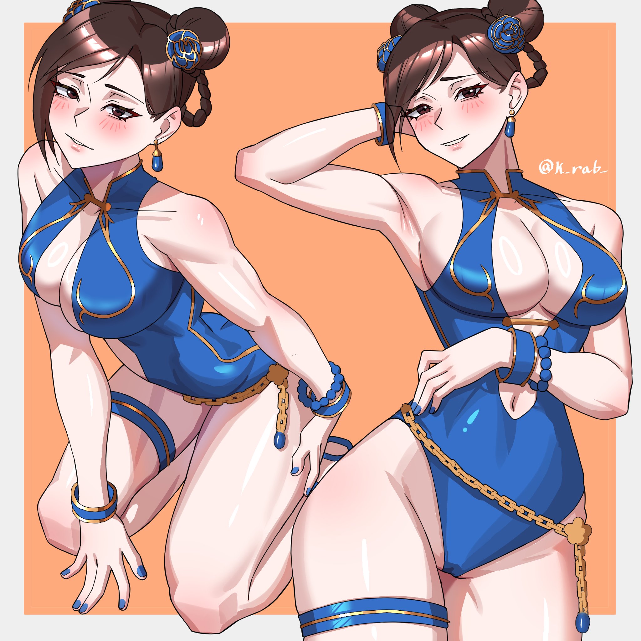 kan (k rab), chun-li, capcom, street fighter, street fighter 6, commentary, english commentary, highres, 1girl, armpits, artist name, bead bracelet, beads, belt, blue leotard, blue nails, blush, border, bracelet, breasts, brown hair, center opening, chain belt, double bun, earrings, flower, groin, hair bun, hair flower, hair ornament, hair rings, hand on own thigh, highleg, highleg leotard, jewelry, kneehighs, large breasts, leotard, multiple views, nail polish, navel, orange background, outside border, parted lips, simple background, smile, socks, standing, thigh belt, thigh strap, thighs, white border