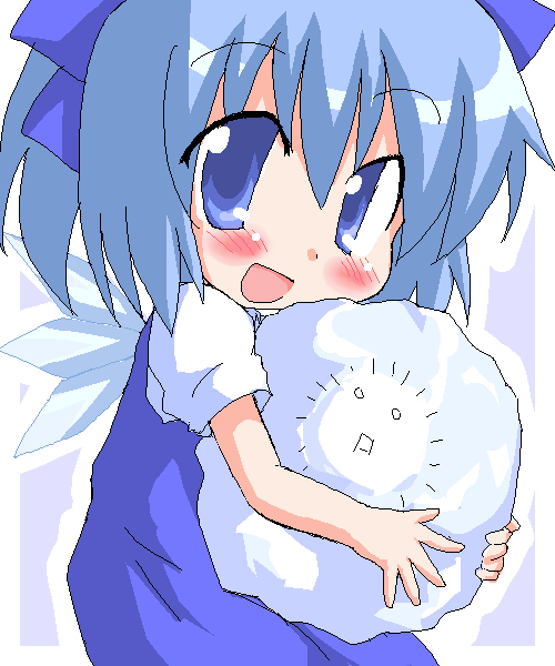 geetsu, cirno, kedama (touhou), touhou, 1girl, :d, aqua background, blue bow, blue dress, blue eyes, blue hair, blush, border, bow, chibi, dress, female focus, frozen, hair bow, looking at viewer, matching hair/eyes, oekaki, open mouth, puffy short sleeves, puffy sleeves, short hair, short sleeves, simple background, smile, solo, white border, wings