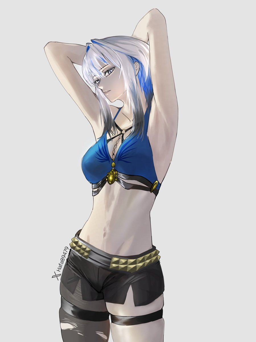 galbrena (wuthering waves), wuthering waves, highres, 1girl, arms behind head, arms up, artist name, bikini, bikini top only, black pantyhose, black shorts, blue bikini, blue hair, grey eyes, grey hair, ha faa, looking at viewer, navel, pantyhose, shorts, single leg pantyhose, solo, stomach, swimsuit, thigh strap, thighs, torn clothes, torn pantyhose