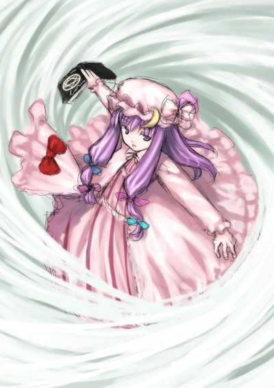 kagura mizuki, patchouli knowledge, touhou, 1girl, book, female focus, hat, long hair, magic, purple eyes, purple hair, solo, wind
