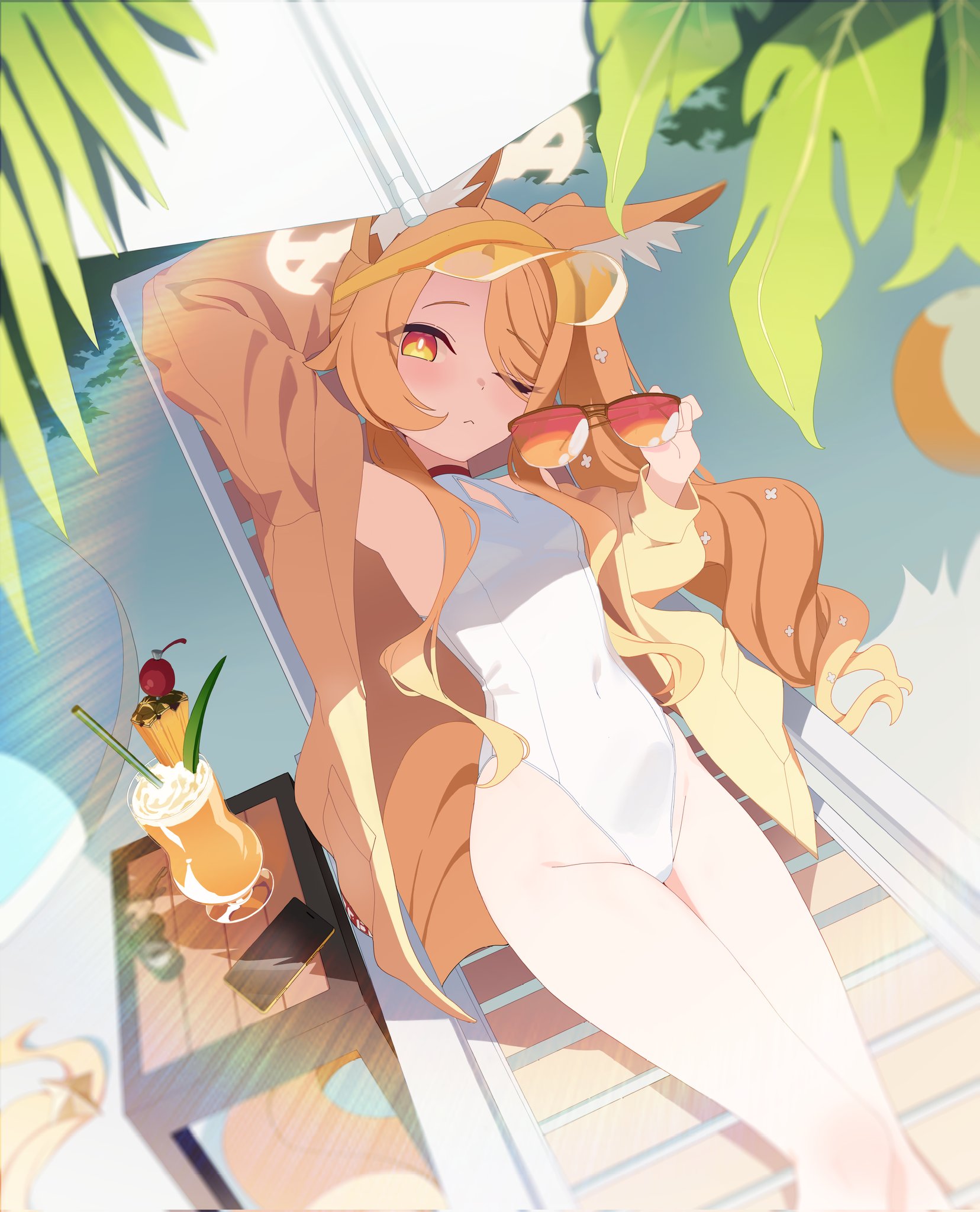td (tandeom97), seia (blue archive), seia (swimsuit) (blue archive), blue archive, highres, 1girl, arm behind head, arm up, blonde hair, closed mouth, covered navel, cross halo, dot nose, drink, expressionless, from above, halo, holding, holding removed eyewear, jacket, long hair, looking at viewer, lying, official alternate costume, official alternate hairstyle, on back, one-piece swimsuit, one eye closed, side ponytail, solo, swimsuit, unworn eyewear, visor cap, white one-piece swimsuit, yellow halo, yellow jacket