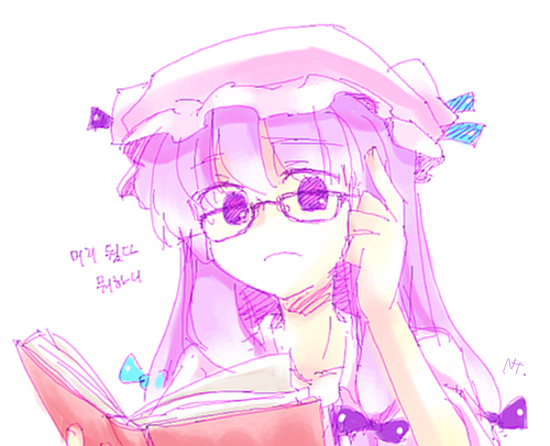 patchouli knowledge, touhou, lowres, 1girl, bespectacled, book, bow, crescent, female focus, glasses, hair bow, hat, mob cap, open book, purple hair, reading, solo, upper body, white background