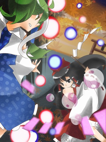 bk, mudo (saji), hakurei reimu, kochiya sanae, mountain of faith, touhou, duplicate, lowres, 2girls, action, autumn leaves, battle, black hair, bow, danmaku, detached sleeves, female focus, gohei, green eyes, green hair, hair bow, hair ornament, hair tubes, leaf, long hair, multiple girls, torii, yin yang