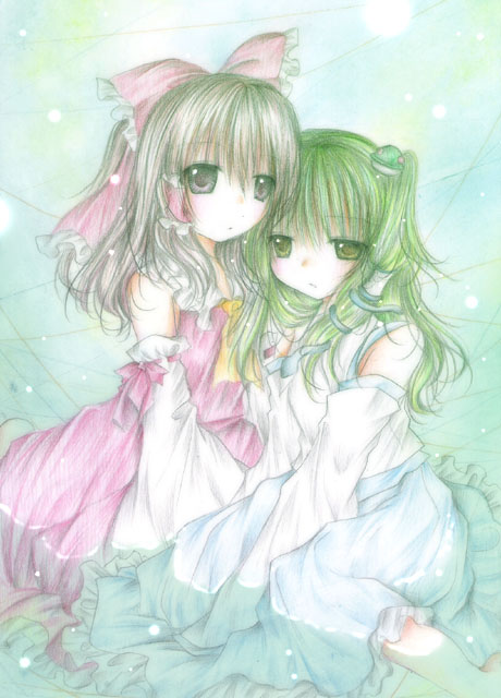 kasuga sunao, hakurei reimu, kochiya sanae, touhou, 2girls, black hair, female focus, gradient background, green hair, japanese clothes, long hair, miko, multiple girls