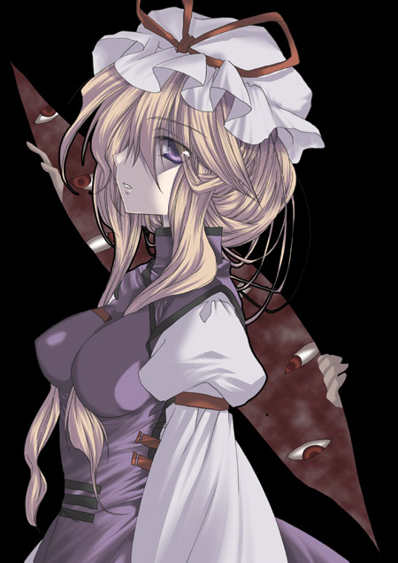 kokono coco, yakumo yukari, touhou, 1girl, blonde hair, breasts, dress, female focus, gap (touhou), hair up, hat, purple eyes, solo