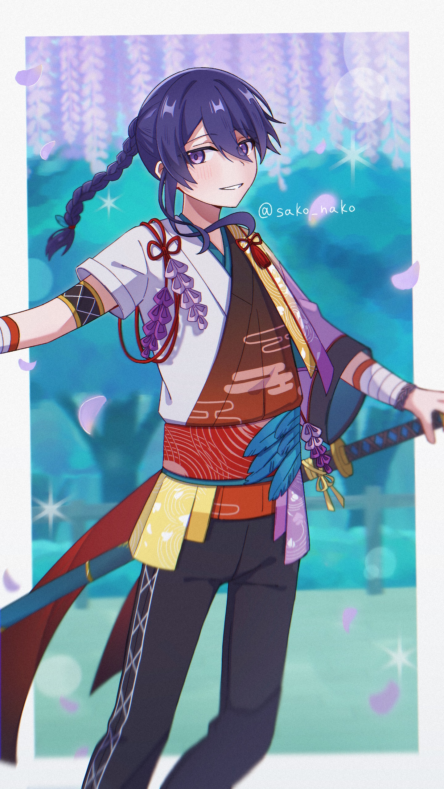 sako nako, kanzaki souma, ensemble stars!, absurdres, highres, 1boy, black armlet, blue feathers, blurry, blurry background, border, braid, braided ponytail, cropped jacket, double-parted bangs, falling petals, feather hair ornament, feathers, floating hair, flower, gradient clothes, gradient shirt, hair between eyes, hair ornament, holding, holding sword, holding weapon, idol, jacket, katana, lens flare, light blush, long hair, looking at viewer, male focus, multicolored jacket, obi, official alternate hairstyle, outdoors, outside border, outstretched arm, parted bangs, petals, purple eyes, purple hair, purple jacket, purple petals, raised eyebrows, red shirt, ripples, sash, sheath, sheathed, shirt, short sleeves, single sidelock, smile, solo, sparkle, sword, tassel, three-quarter sleeves, tree, twitter username, two-tone jacket, weapon, white border, white shirt, wide sleeves, wisteria, wrist wrap, xiangyun, yellow jacket