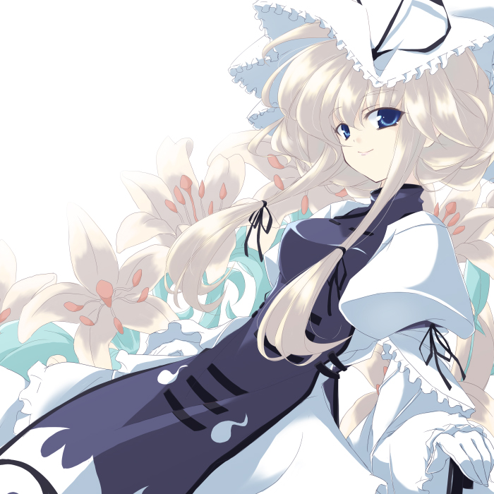 touya (the-moon), yakumo yukari, touhou, looking away, 1girl, alternate eye color, blonde hair, blue eyes, dress, female focus, flower, gloves, hair ribbon, hair up, hat, lily (flower), long hair, long sleeves, puffy long sleeves, puffy sleeves, ribbon, smile, solo, tress ribbon, white background, white gloves, white theme