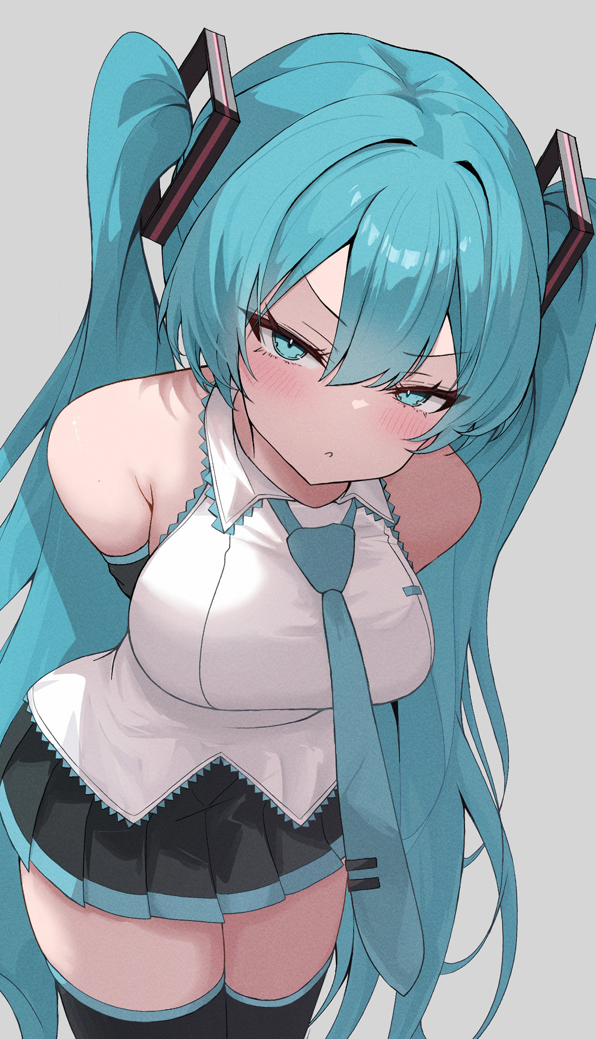 eikawa suru, hatsune miku, vocaloid, highres, 1girl, aqua eyes, aqua hair, aqua necktie, aqua trim, black skirt, breasts, closed mouth, hair between eyes, hair ornament, large breasts, looking at viewer, necktie, pleated skirt, shirt, skirt, sleeveless, sleeveless shirt, solo, thighhighs, twintails, white shirt, zettai ryouiki