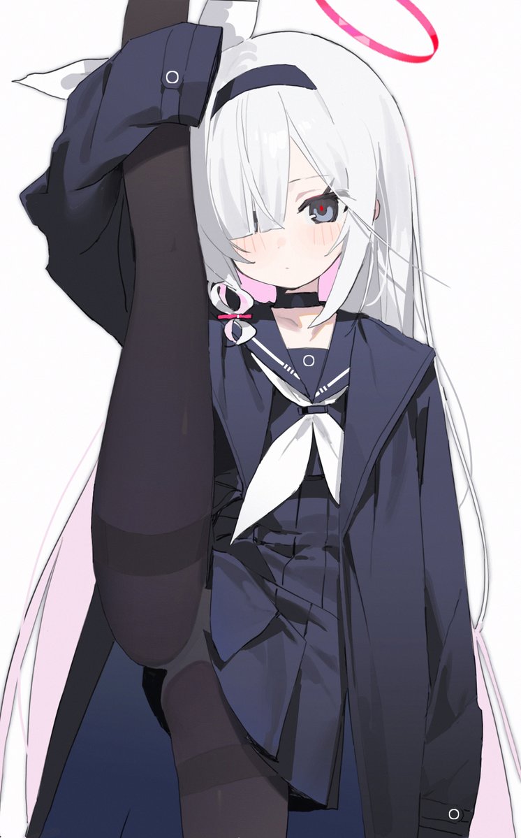 measho, plana (blue archive), blue archive, 1girl, black choker, black hairband, black pantyhose, black serafuku, choker, hair over one eye, hairband, halo, long hair, neckerchief, panties, panties under pantyhose, pantyhose, school uniform, serafuku, skirt, solo, split, standing, standing on one leg, standing split, underwear, white hair, white neckerchief