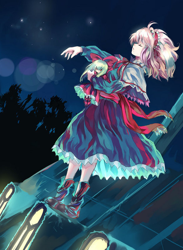 kusanagi kikoku, alice margatroid, shanghai doll, touhou, 1girl, ankle boots, blonde hair, boots, capelet, closed eyes, doll, dutch angle, female focus, floating hair, hairband, holding, night, night sky, outdoors, outstretched arm, ribbon, rooftop, skirt, sky, solo, wind