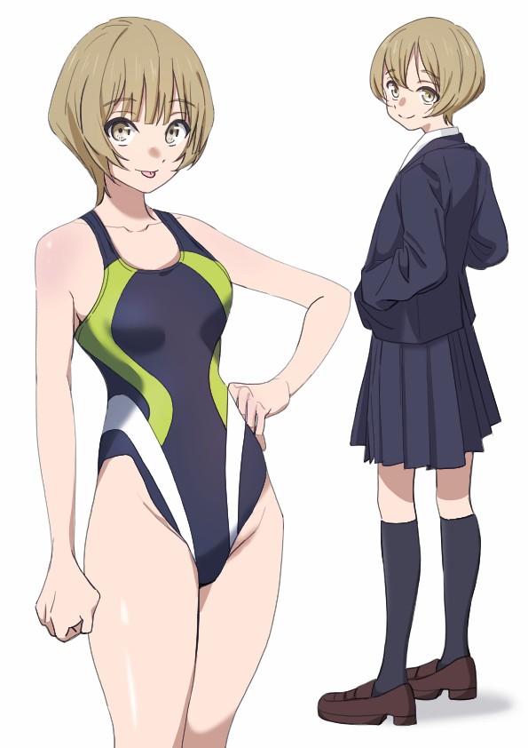 minakami riri, akebi-chan no serafuku, commentary, 1girl, black jacket, black one-piece swimsuit, black skirt, black socks, blonde hair, brown shoes, collarbone, competition swimsuit, full body, hand on own hip, hands in pockets, jacket, loafers, looking at viewer, looking back, multicolored one-piece swimsuit, multiple views, one-piece swimsuit, pleated skirt, ren2000 irast, school uniform, shoes, short hair, simple background, skirt, socks, standing, swimsuit, tongue, tongue out, white background, yellow eyes