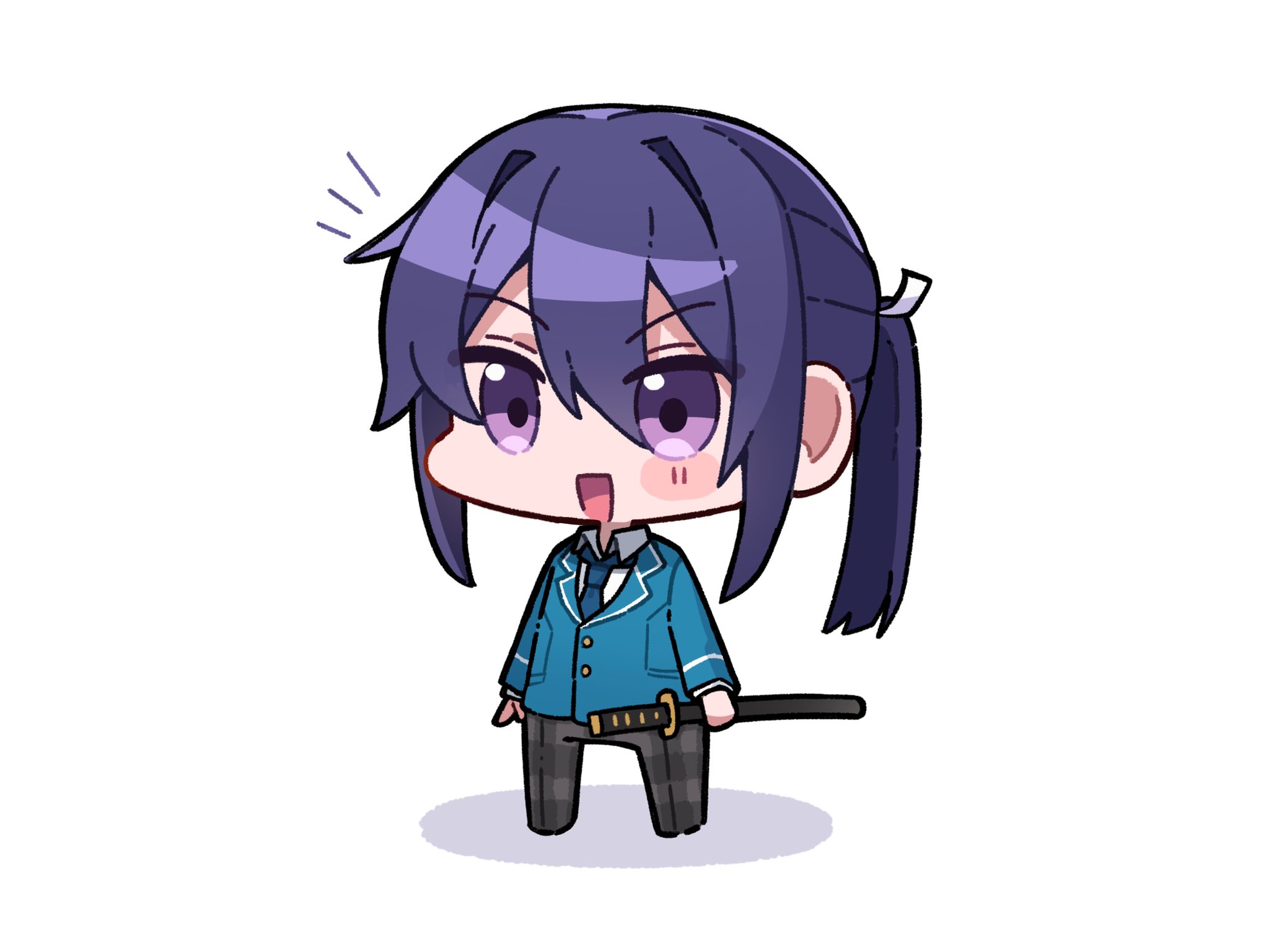 sako nako, kanzaki souma, ensemble stars!, highres, 1boy, :d, blazer, blue jacket, blue necktie, blush stickers, chibi, chibi only, collared shirt, double-parted bangs, full body, grey pants, hair between eyes, hair intakes, holding, holding sword, holding weapon, jacket, katana, long hair, looking at viewer, male focus, motoyui, necktie, notice lines, open mouth, pants, plaid clothes, plaid pants, school uniform, shadow, sheath, sheathed, shirt, simple background, smile, solo, sword, v-shaped eyebrows, weapon, white background, white shirt, yumenosaki school uniform