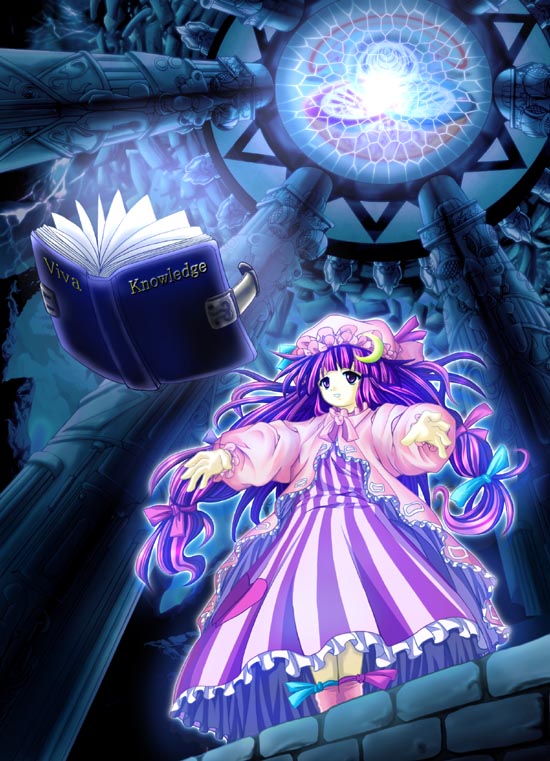 amamizu (myofuu kai), patchouli knowledge, touhou, 1girl, book, bow, crescent, female focus, hat, long hair, pink bow, purple hair, solo