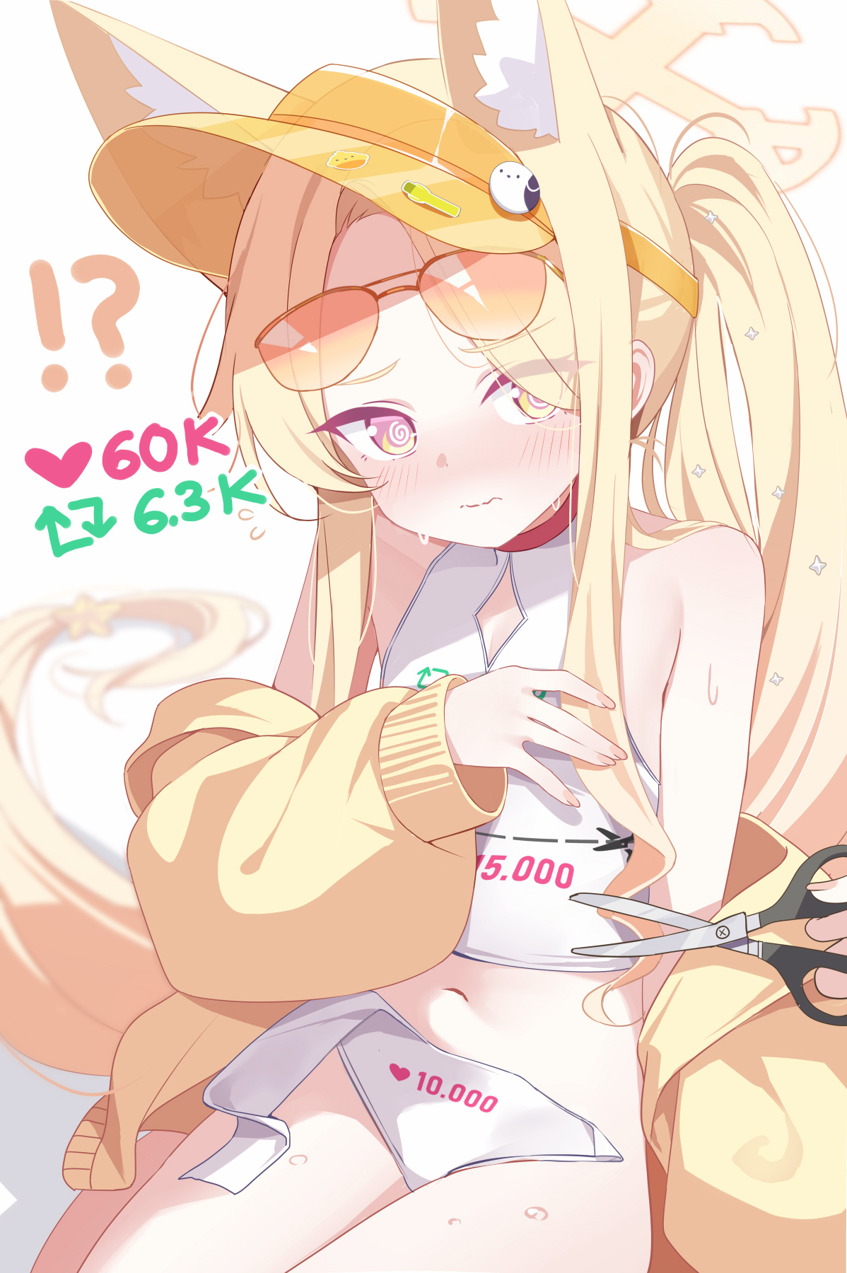 deyui, seia (blue archive), seia (swimsuit) (blue archive), blue archive, commentary, highres, symbol-only commentary, 1girl, @ @, animal ear fluff, animal ears, bare shoulders, breasts, closed mouth, covering breasts, covering privates, forehead, fox ears, fox girl, fox tail, highleg, jacket, long hair, looking at viewer, navel, official alternate costume, official alternate hairstyle, one-piece swimsuit, pink-tinted eyewear, pink eyes, side ponytail, small breasts, solo, swimsuit, tail, tinted eyewear, twitter cutting game, twitter strip game, visor cap, wavy mouth, white one-piece swimsuit, yellow jacket