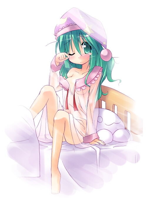 toto nemigi, kazami yuuka, kazami yuuka (pc-98), lotus land story, touhou, touhou (pc-98), untied, 1girl, bare legs, barefoot, bed, blush, breasts, camisole, crescent moon, female focus, green eyes, green hair, hat, legs, long hair, long sleeves, moon, nightcap, nightgown, no bra, no panties, off shoulder, one eye closed, pajamas, rubbing eyes, see-through clothes, sitting, sleepy, small breasts, solo, star (symbol), tears, transparent, wink, wiping tears