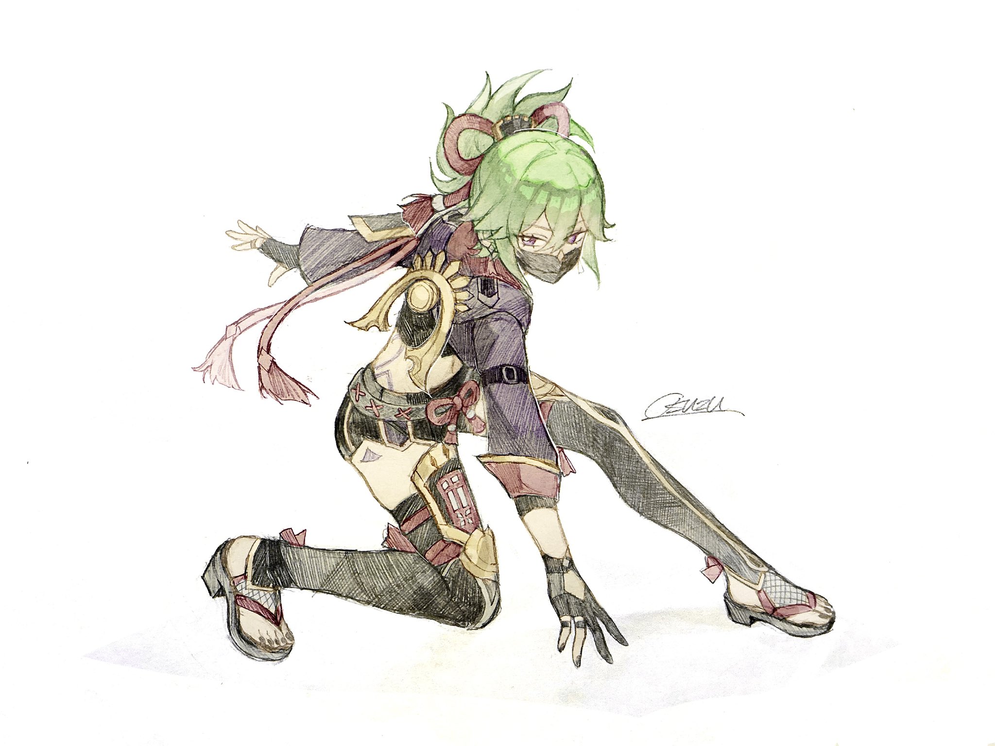 osuzu0613, kuki shinobu, genshin impact, highres, 1girl, black gloves, black nails, black shorts, black thighhighs, body markings, covered mouth, gloves, green hair, hair between eyes, hood, hooded jacket, jacket, looking at viewer, mask, mouth mask, nail polish, ninja mask, ponytail, purple eyes, purple jacket, red rope, rope, sandals, shorts, simple background, solo, stomach, thighhighs, toenail polish, toenails, white background, zouri