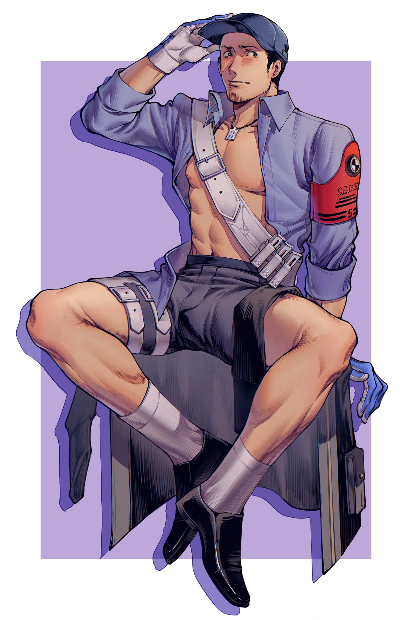 oldkin, iori junpei, persona, persona 3, persona 3 reload, chinese commentary, highres, 1boy, abs, bandolier, baseball cap, belt, black hair, black shoes, black shorts, blue hat, blue shirt, blush, closed mouth, embarrassed, facial hair, full body, gekkoukan high school uniform, gloves, goatee stubble, hat, holster, invisible chair, jacket, jewelry, loafers, looking at viewer, male focus, necklace, nipples, open clothes, open shirt, pectorals, school uniform, shirt, shoes, short hair, shorts, sitting, socks, solo, stubble, thigh holster, unworn jacket, white gloves, white socks