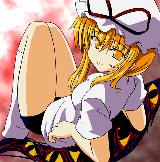 kazami ruku, yakumo yukari, touhou, 1girl, alternate costume, breasts, buruma, female focus, gap (touhou), gradient background, gym uniform, hat, socks, solo, white background
