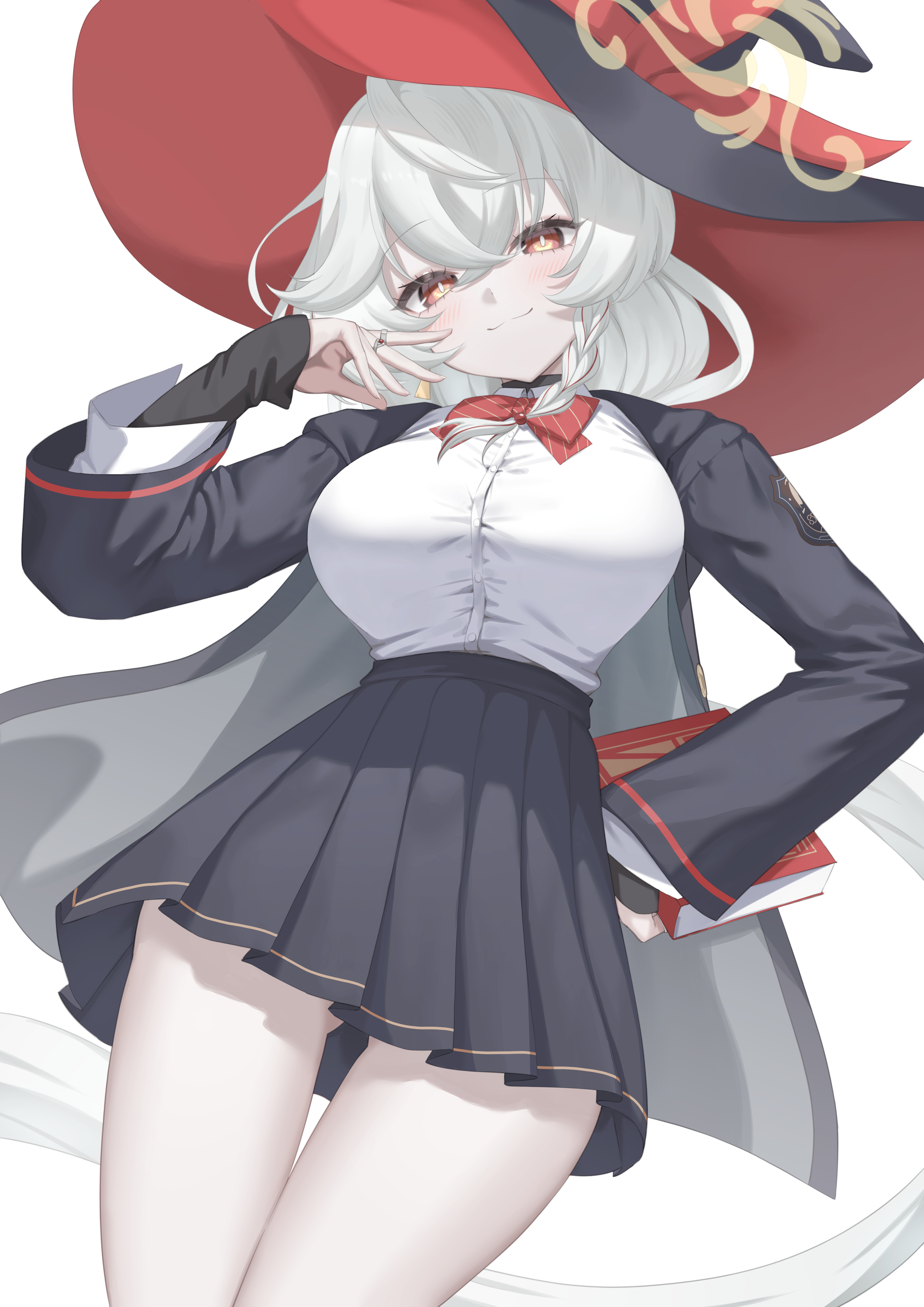 akazaki yukino, eri (blue archive), blue archive, absurdres, commentary request, highres, 1girl, black coat, book, bow, bowtie, breasts, brown eyes, brown halo, closed mouth, coat, crossed bangs, diagonal-striped bow, diagonal-striped bowtie, diagonal-striped clothes, hair between eyes, halo, hand on own hip, hand up, hat, holding, holding book, large breasts, long hair, long sleeves, looking at viewer, miniskirt, open clothes, open coat, pleated skirt, red bow, red bowtie, shirt, shirt tucked in, side halo, skirt, smile, solo, striped bow, striped bowtie, striped clothes, thighs, tilted halo, white hair, white shirt, witch hat