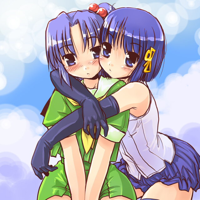 dd (ijigendd), 98-tan, 98se-tan, os-tan, 2girls, between legs, blue eyes, blue hair, blush, bob cut, elbow gloves, food, fruit, gloves, hair bobbles, hair ornament, hairpin, hand between legs, hug, latex, latex gloves, multiple girls, neckerchief, pleated skirt, ponytail, school uniform, serafuku, shirt, short hair, skirt, sleeveless, sleeveless shirt, striped blush, thighhighs, yuri, zettai ryouiki